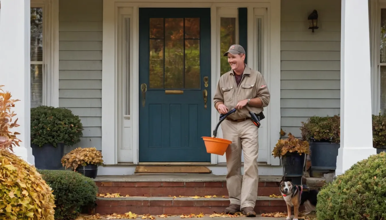 A homeowner talking with a pest provider at a front door in Westhampton Beach