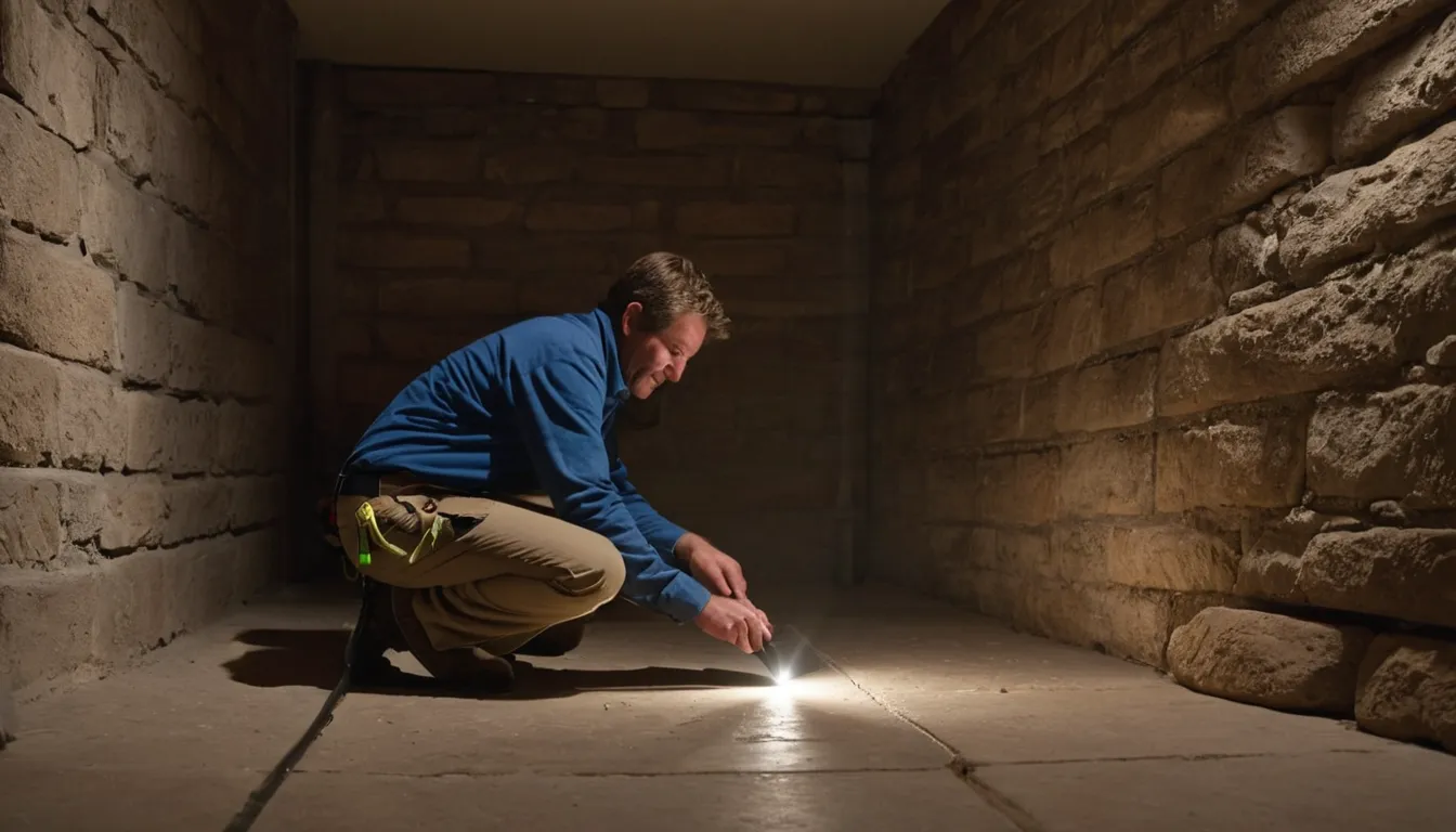 A friendly pest control provider inspecting a basement foundation wall in a home near Westhampton Beach